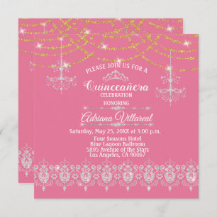 Elegant Pink and Gold Quinceañera Invitation