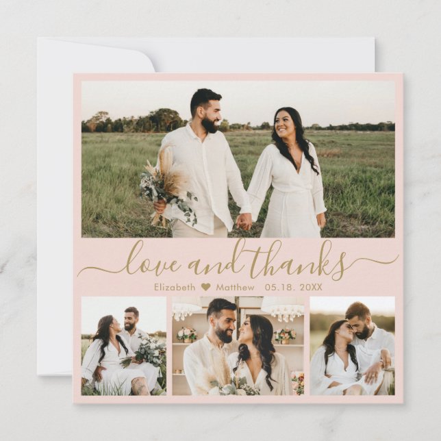 Elegant Pink and Gold Script Photo Wedding Thank You Card (Front)