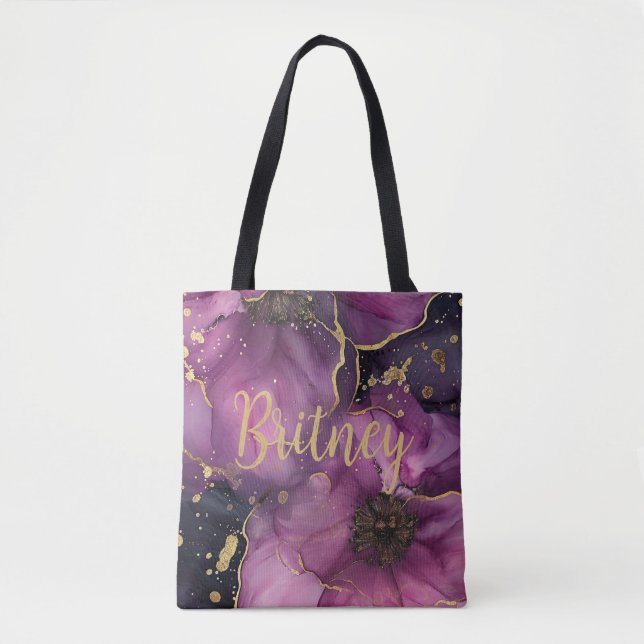 elegant pink and gold watercolor flower design tote bag (Front)
