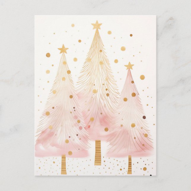 Elegant pink and golden Christmas trees Postcard (Front)