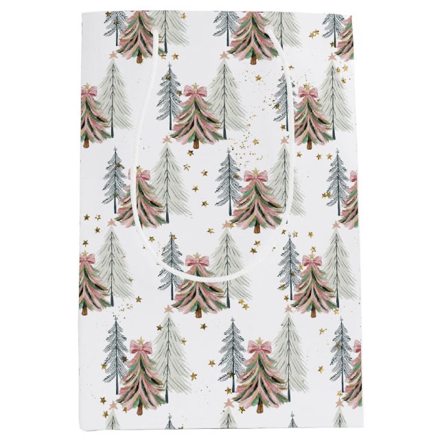 Elegant Pink and Green Brushstroke Christmas Medium Gift Bag (Front)