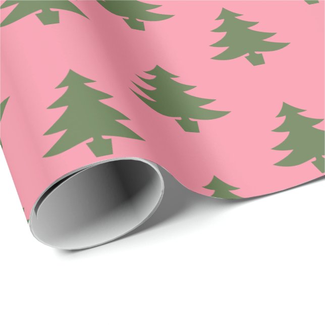 Elegant Pink And Green Christmas Tree Pattern Wrapping Paper (Roll Corner)