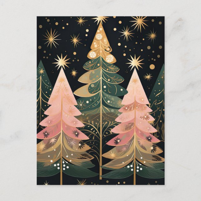 Elegant pink and green Christmas trees Postcard (Front)