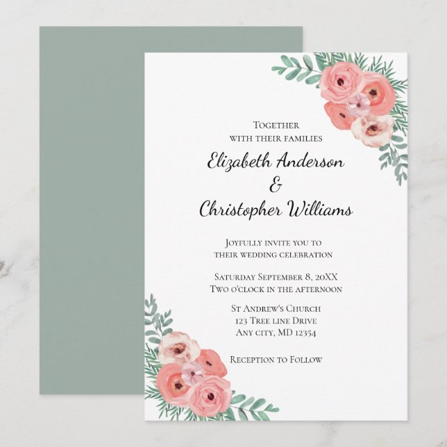 Elegant Pink and Green Floral Watercolor Wedding  Invitation (Front/Back)
