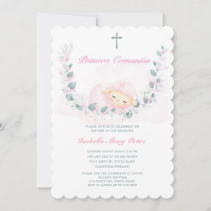 Elegant Pink and Green Lamb Christening Invitation