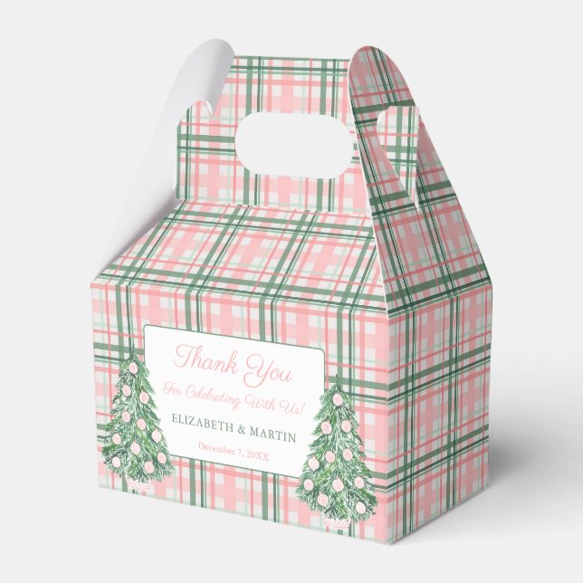 Elegant Pink And Green Plaid Holiday Tree Wedding Favour Box (Front Side)