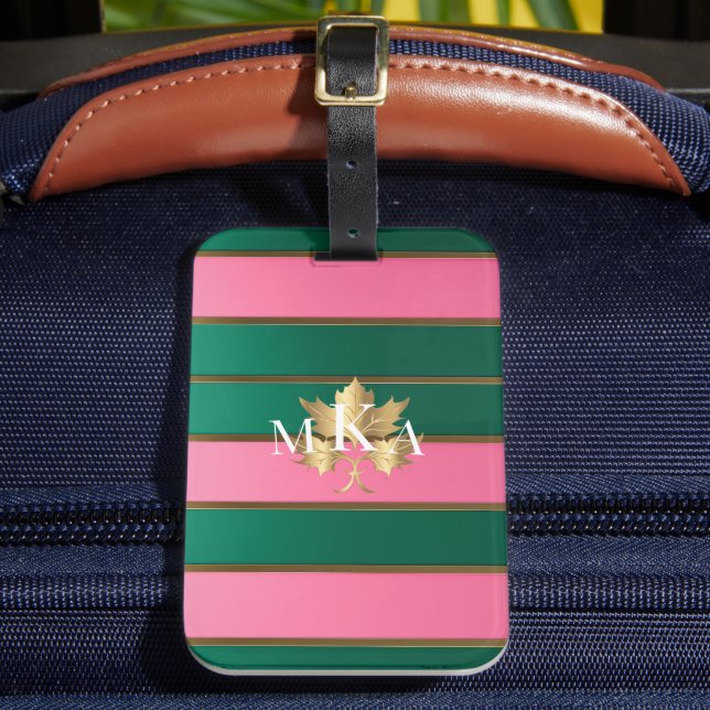 Elegant Pink and Green Stripes Monogrammed Luggage Tag (Front Insitu 2)