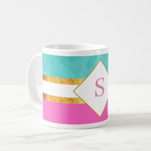 Elegant pink and green stripes with monogram coffee mug