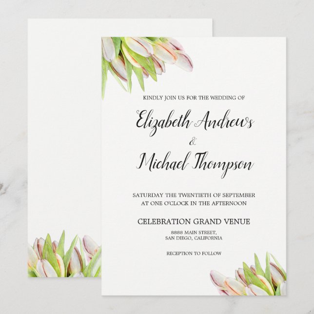 Elegant Pink and Green Tulip Wedding Watercolor Invitation (Front/Back)