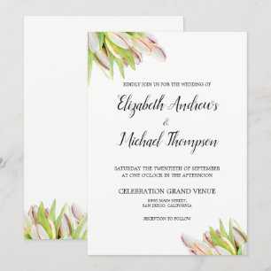 Elegant Pink and Green Tulip Wedding Watercolor Invitation