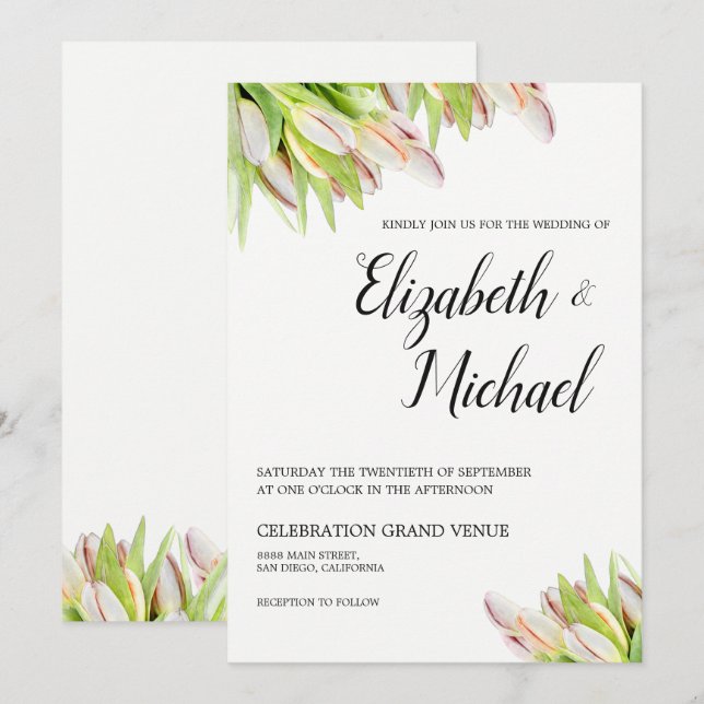 Elegant Pink and Green Tulip Wedding Watercolor Invitation (Front/Back)