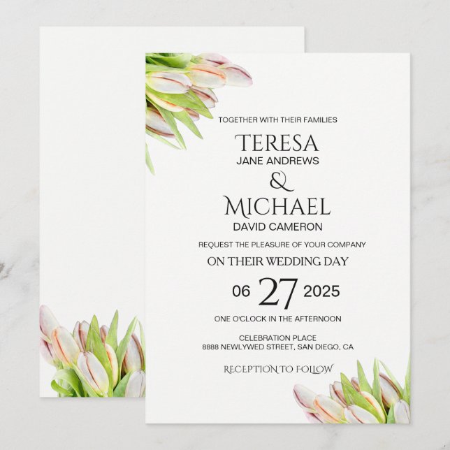 Elegant Pink and Green Tulip Wedding Watercolor Invitation (Front/Back)