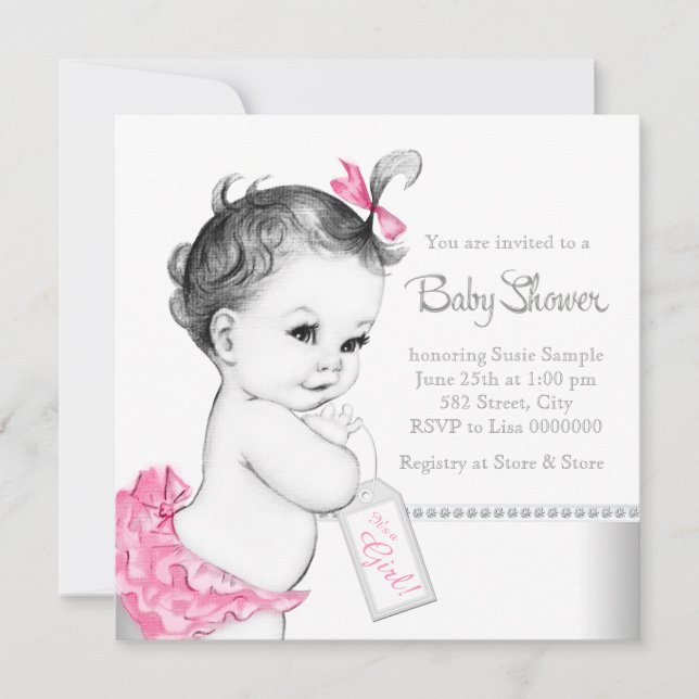 Elegant Pink and Grey Baby Shower Invitation (Front)