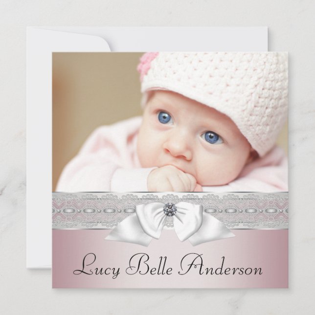 Elegant Pink and Grey Birth Announcements (Front)