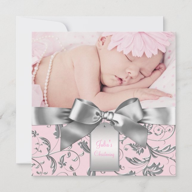 Elegant Pink and Grey Christening Invitation (Front)