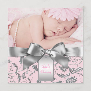 Elegant Pink and Grey Christening Invitation