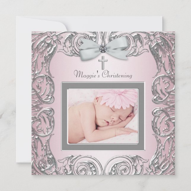 Elegant Pink and Grey Christening Invitations (Front)