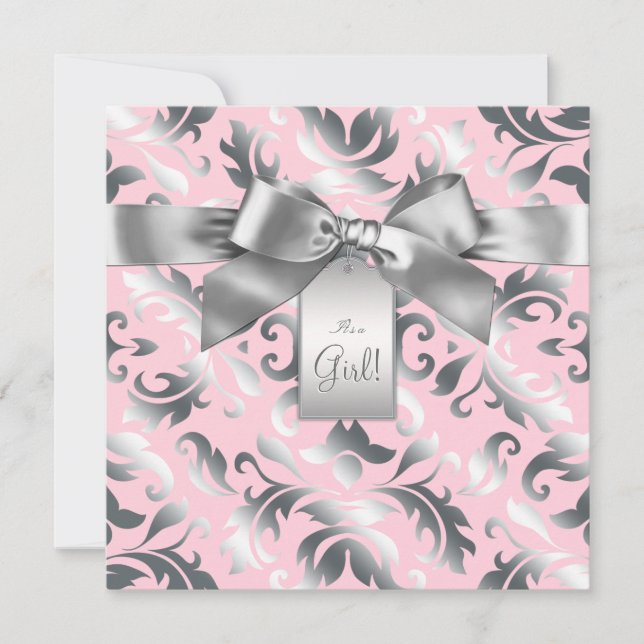 Elegant Pink and Grey Damask Baby Shower Invitation (Front)