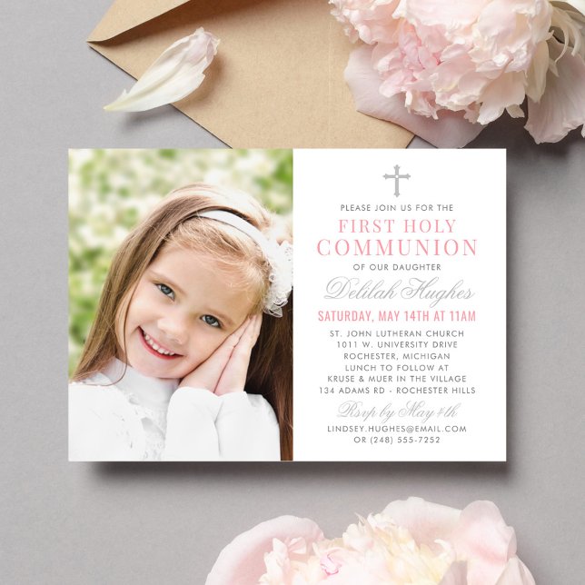 Elegant Pink and Grey First Communion Girl Photo Invitation (Creator Uploaded)
