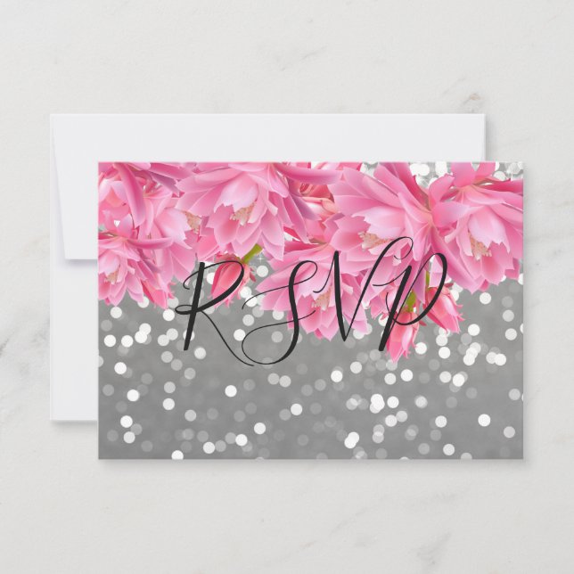Elegant Pink and Grey Floral Lace Wedding RSVP (Front)