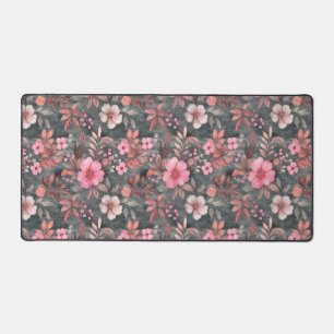 Elegant Pink and Grey Floral Patterned Desk Mat