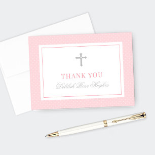 Elegant Pink and Grey Girl First Communion Thank You Card