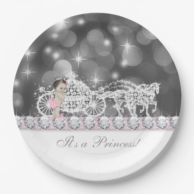 Elegant Pink and Grey Princess Baby Shower Paper Plate (Front)