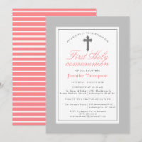 Elegant Pink and Grey Stripes First Communion