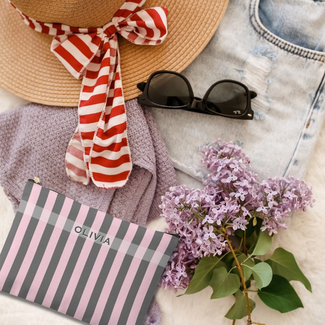 Elegant Pink and Grey stripes Minimalist Custom Accessory Pouch (Creator Uploaded)