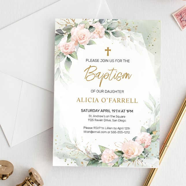 Elegant Pink And Grey Watercolor Flowers Baptism Invitation (Creator Uploaded)