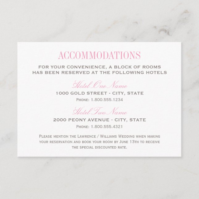 Elegant Pink and Grey Wedding Accommodations Enclosure Card (Front)