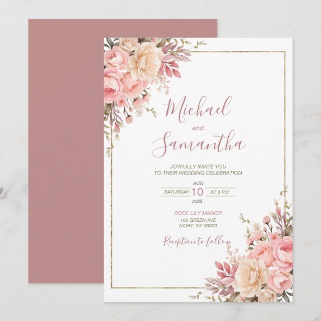 Elegant Pink and Ivory Rose Spring Wedding Invitation (Front/Back)