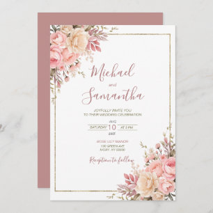 Elegant Pink and Ivory Rose Spring Wedding Invitation