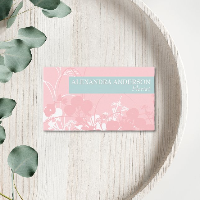 Elegant Pink And Light Grayish Cyan Floral Minimal Business Card (Creator Uploaded)
