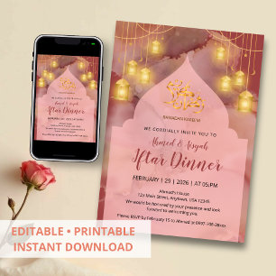 Elegant Pink and Maroon gold Ink Iftar Invitation