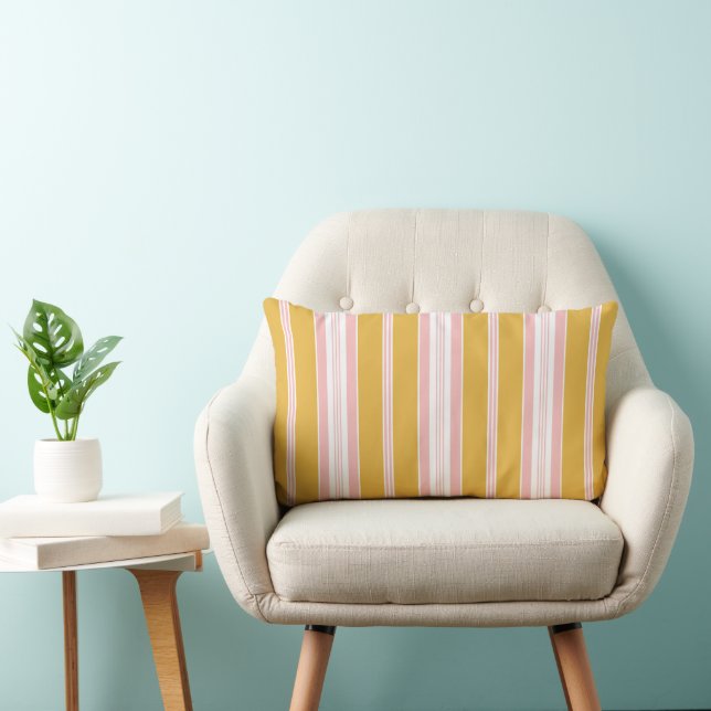 Elegant Pink and Mustard French Ticking Stripe Lumbar Cushion (Chair)