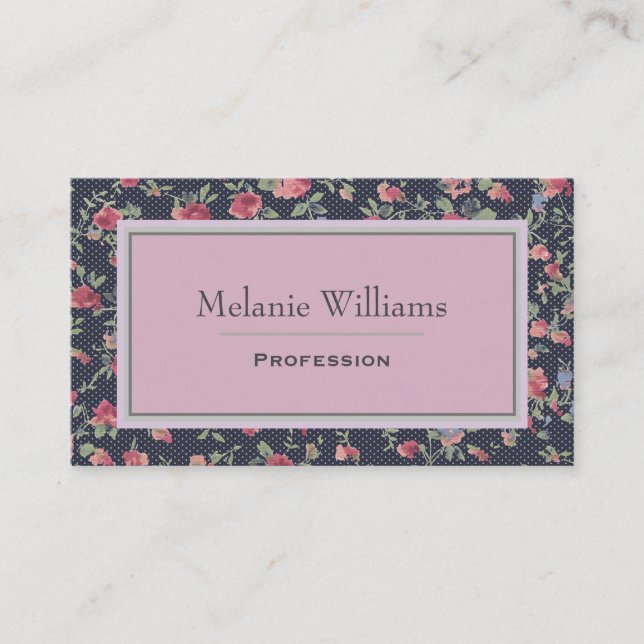 Elegant Pink and Navy Floral Pretty Business Card (Front)