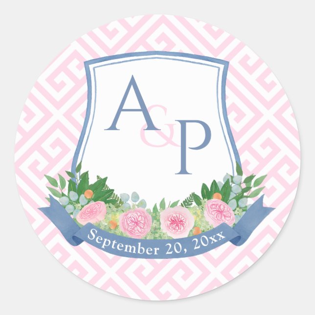 Elegant Pink And Navy Monogram Wedding Crest Favou Classic Round Sticker (Front)