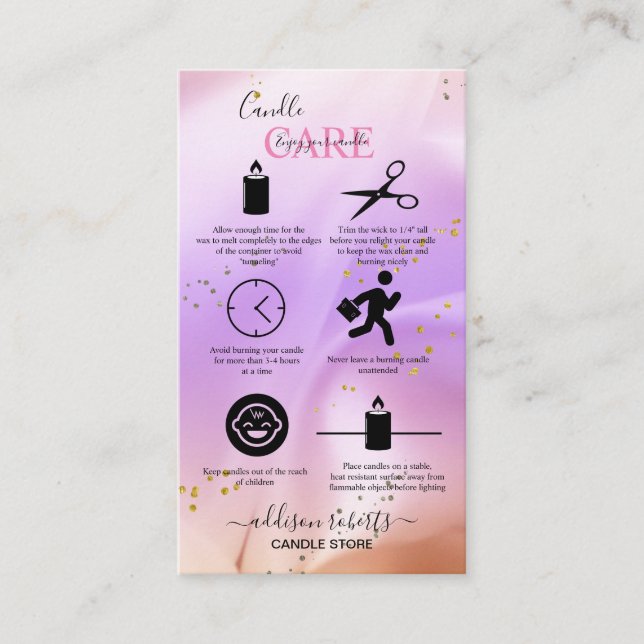 Elegant Pink and Orange  Candle Care   Business Card (Front)