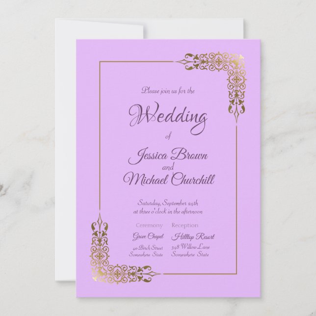 Elegant Pink and Ornate Gold Lace Church Wedding Invitation (Front)