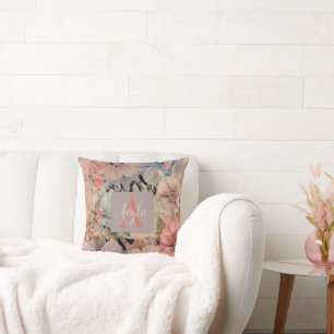 Elegant Pink and Peach Floral Pattern Monogram Cushion