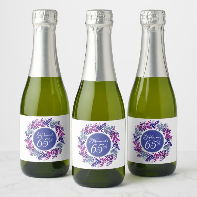 Elegant Pink and Purple 65th Birthday Sparkling Wine Label (Bottles)