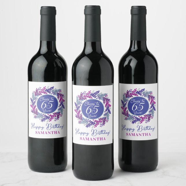 Elegant Pink and Purple 65th Birthday Wine Label (Bottles)