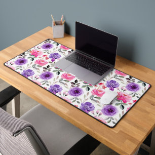 Elegant Pink and Purple Flower Pattern Desk Mat