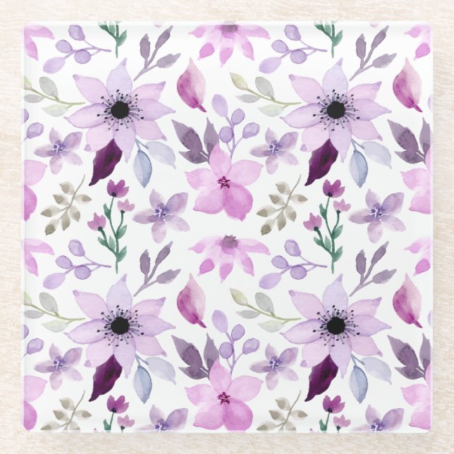 Elegant Pink and Purple Flower Pattern Glass Coaster (Front)