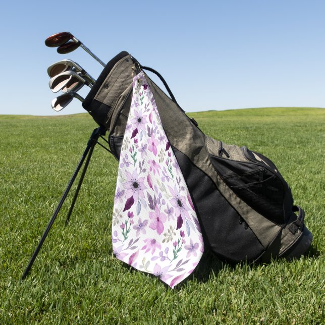 Elegant Pink and Purple Flower Pattern Golf Towel (Green)