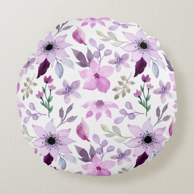 Elegant Pink and Purple Flower Pattern Round Cushion (Front)