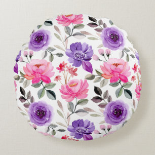 Elegant Pink and Purple Flower Pattern Round Pillo Cushion
