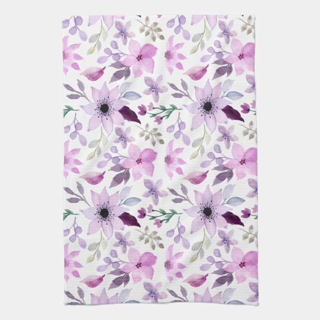 Elegant Pink and Purple Flower Pattern Tea Towel (Vertical)