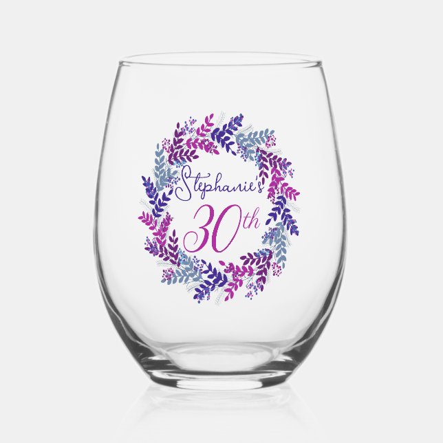Elegant Pink and Purple Wreath 30th Birthday Party Stemless Wine Glass (Front)